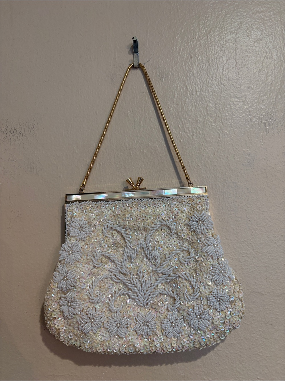 Beautifully Elegant Vintage Cream and White Beaded Satchel, Bridal, Prom